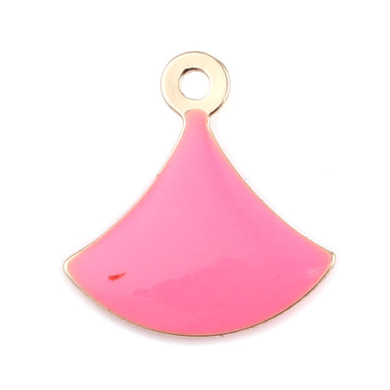 Bild von Messing Emaillierte Pailletten Charms Fächer-Form Vergoldet Rosa 14mm x 13mm, 10 Stück