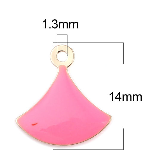 Bild von Messing Emaillierte Pailletten Charms Fächer-Form Vergoldet Rosa 14mm x 13mm, 10 Stück