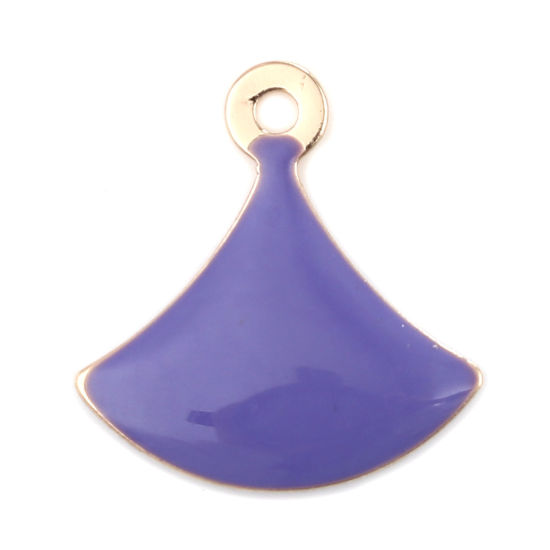 Bild von Messing Emaillierte Pailletten Charms Fächer-Form Vergoldet Blau Violett 14mm x 13mm, 10 Stück