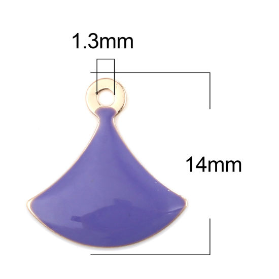 Bild von Messing Emaillierte Pailletten Charms Fächer-Form Vergoldet Blau Violett 14mm x 13mm, 10 Stück