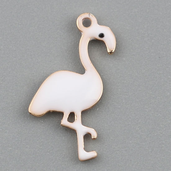 Bild von Messing Emaillierte Pailletten Charms Flamingo Vergoldet Weiß 14mm x 7mm, 5 Stück