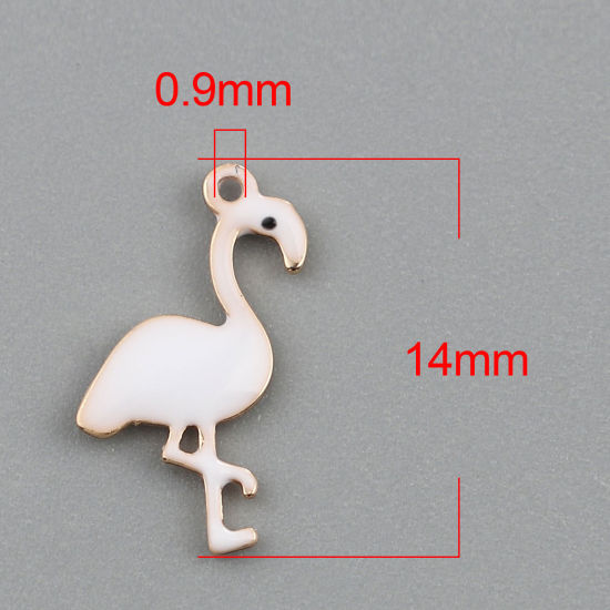 Bild von Messing Emaillierte Pailletten Charms Flamingo Vergoldet Weiß 14mm x 7mm, 5 Stück