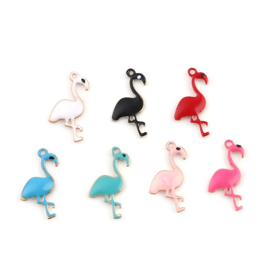 Picture of Brass Enamelled Sequins Charms Gold Plated White Flamingo 14mm x 7mm, 5 PCs