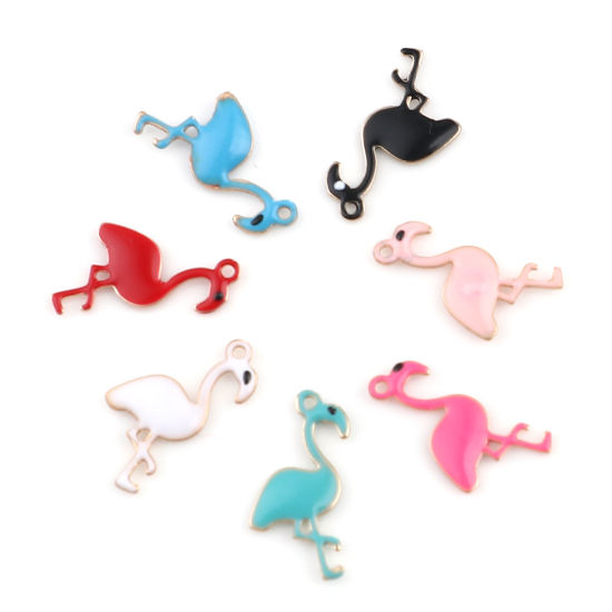 Picture of Brass Enamelled Sequins Charms Gold Plated White Flamingo 14mm x 7mm, 5 PCs