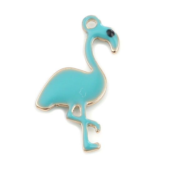 Picture of Brass Enamelled Sequins Charms Gold Plated Lake Blue Flamingo 14mm x 7mm, 5 PCs