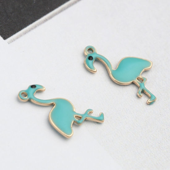 Bild von Messing Emaillierte Pailletten Charms Flamingo Vergoldet Azurblau 14mm x 7mm, 5 Stück