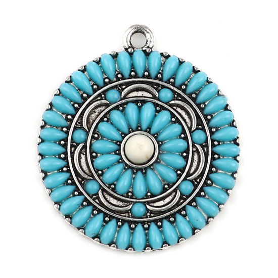 Immagine di Lega di Zinco Stile Bohemien Ciondoli Tondo Argento Antico Verde Blu Fiore Turchese Imitato 32mm x 28mm , 1 Pz