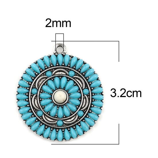 Immagine di Lega di Zinco Stile Bohemien Ciondoli Tondo Argento Antico Verde Blu Fiore Turchese Imitato 32mm x 28mm , 1 Pz