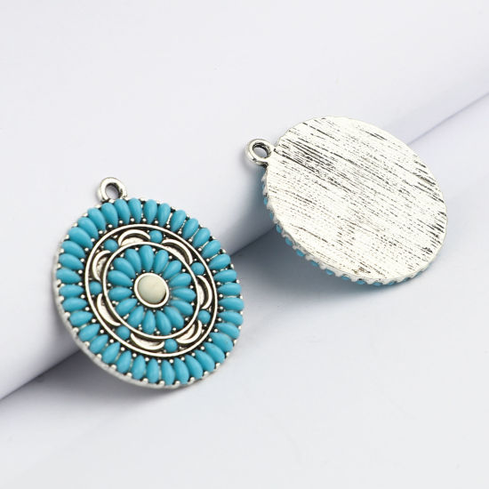 Immagine di Lega di Zinco Stile Bohemien Ciondoli Tondo Argento Antico Verde Blu Fiore Turchese Imitato 32mm x 28mm , 1 Pz