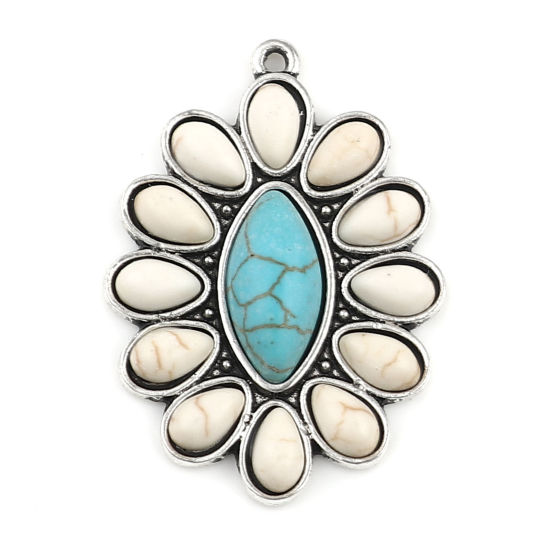 Immagine di Lega di Zinco Stile Bohemien Ciondoli Ovale Argento Antico Bianco Sporco Turchese Imitato 35mm x 25mm , 3 Pz