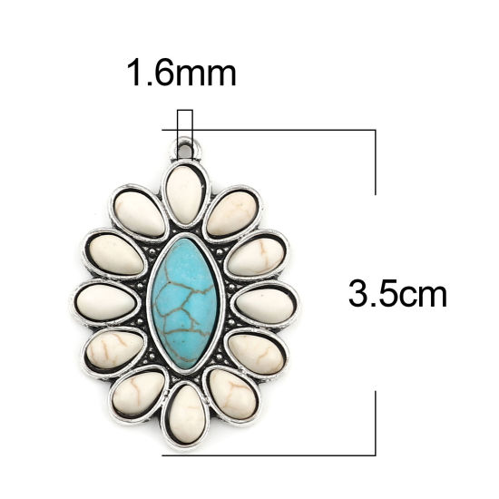 Immagine di Lega di Zinco Stile Bohemien Ciondoli Ovale Argento Antico Bianco Sporco Turchese Imitato 35mm x 25mm , 3 Pz