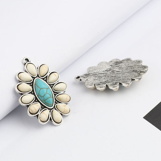 Immagine di Lega di Zinco Stile Bohemien Ciondoli Ovale Argento Antico Bianco Sporco Turchese Imitato 35mm x 25mm , 3 Pz