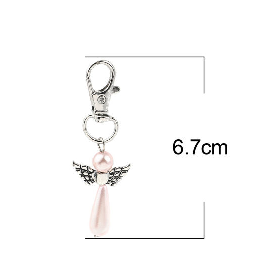 Picture of Keychain & Keyring Silver Tone Light Pink Heart Wing 67mm, 5 PCs