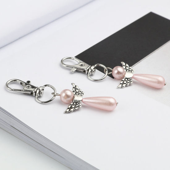 Picture of Keychain & Keyring Silver Tone Light Pink Heart Wing 67mm, 5 PCs