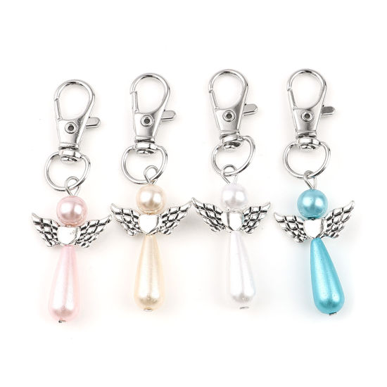 Picture of Keychain & Keyring Silver Tone Light Pink Heart Wing 67mm, 5 PCs