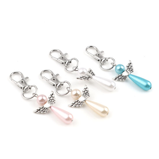 Picture of Keychain & Keyring Silver Tone Light Pink Heart Wing 67mm, 5 PCs