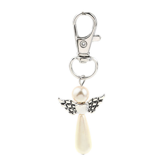 Picture of Keychain & Keyring Silver Tone Creamy-White Heart Wing 67mm, 5 PCs