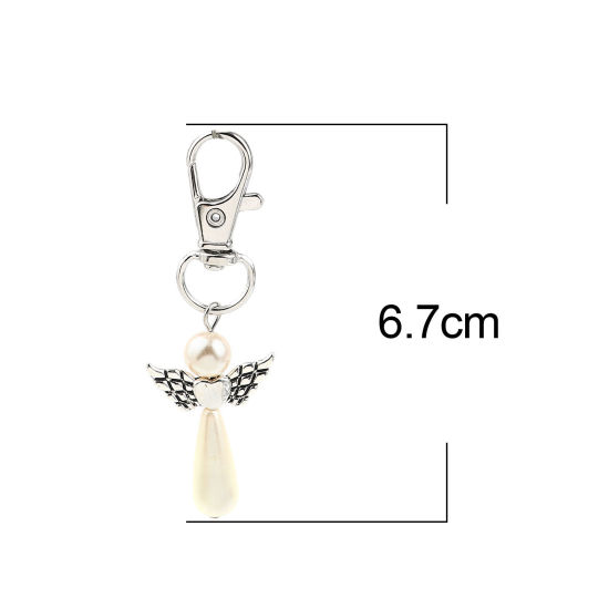 Picture of Keychain & Keyring Silver Tone Creamy-White Heart Wing 67mm, 5 PCs