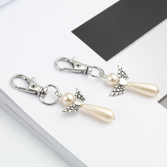 Picture of Keychain & Keyring Silver Tone Creamy-White Heart Wing 67mm, 5 PCs