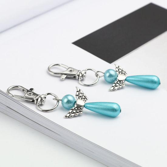 Picture of Keychain & Keyring Silver Tone Blue Heart Wing 67mm, 5 PCs