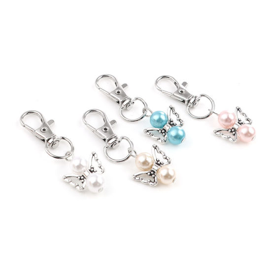 Picture of Keychain & Keyring Silver Tone White Heart Wing 53mm, 5 PCs