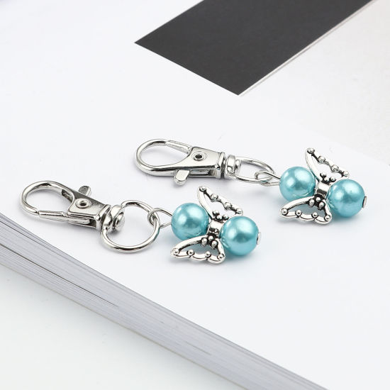 Picture of Keychain & Keyring Silver Tone Blue Heart Wing 53mm, 5 PCs