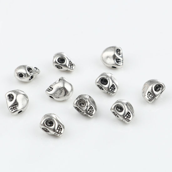 亜鉛合金 スペーサー ビーズ スカル 銀古美 約 8mm x 6mm、 穴：約 1.4mm、 50 個 の画像