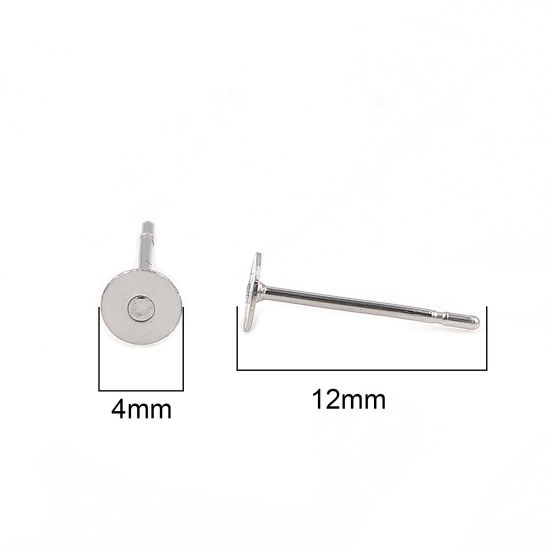 Picture of 304 Stainless Steel Ear Post Stud Earrings Round Silver Tone 4mm Dia., Post/ Wire Size: (21 gauge), 100 PCs