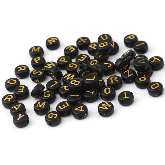 Bild von Acryl Perlen Buchstabe Schwarz & Golden Mit zufälligen Muster ca. 7mm D., Loch:ca. 1.5mm, 500 Stück