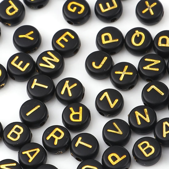 Bild von Acryl Perlen Buchstabe Schwarz & Golden Mit zufälligen Muster ca. 7mm D., Loch:ca. 1.5mm, 500 Stück