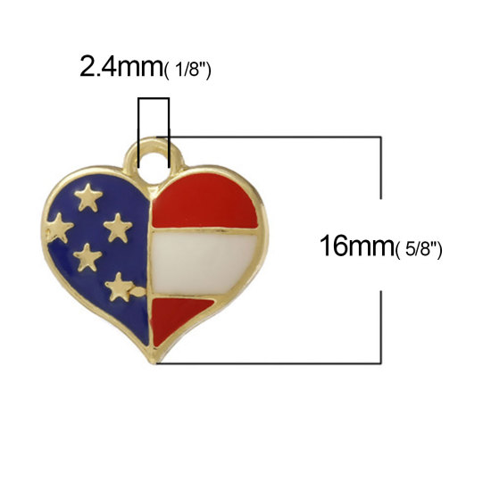 Immagine di Lega di Zinco Sport Charms Cuore Oro Placcato Multicolore Bandiera degli Stati Uniti Smalto 16mm x 16mm , 10 Pz