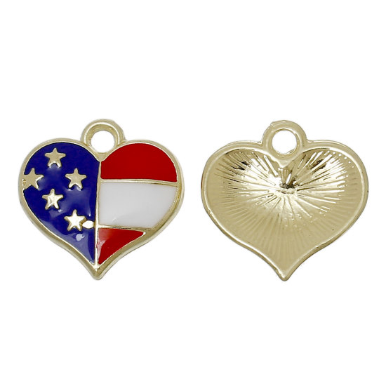 Immagine di Lega di Zinco Sport Charms Cuore Oro Placcato Multicolore Bandiera degli Stati Uniti Smalto 16mm x 16mm , 10 Pz