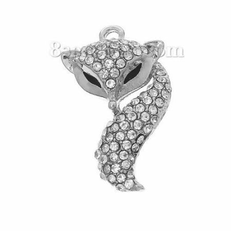 Picture of 2 PCs Zinc Based Alloy Charms Silver Tone Black Fox Animal Enamel Clear Rhinestone 25mm x 16mm