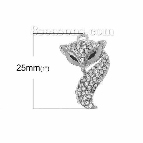 Bild von 2 Stück Zinklegierung Charms Silberfarbe Schwarz Fuchs Emaille Transparent Strass 25mm x 16mm