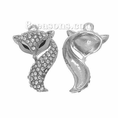 Bild von 2 Stück Zinklegierung Charms Silberfarbe Schwarz Fuchs Emaille Transparent Strass 25mm x 16mm