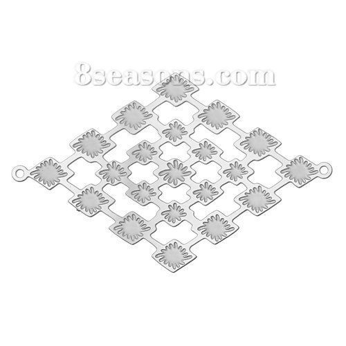 Image de Connecteurs de Bijoux Estampe en Filigrane Creux en 304 Acier Inoxydable Losange Fleurs Argent Mat 40mm x 26mm, 20 Pcs