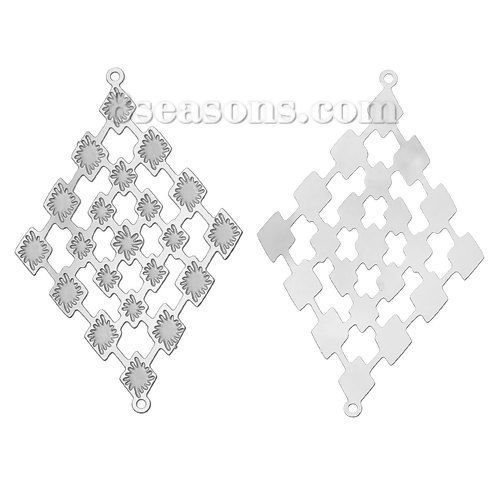 Image de Connecteurs de Bijoux Estampe en Filigrane Creux en 304 Acier Inoxydable Losange Fleurs Argent Mat 40mm x 26mm, 20 Pcs