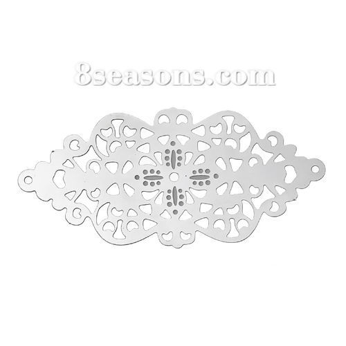 Imagen de Conectores Filigrana Estampación 304 Acero Inoxidable de Bowknot Tono de Plata Hueco Patrón 51mm x 24mm, 20 Unidades