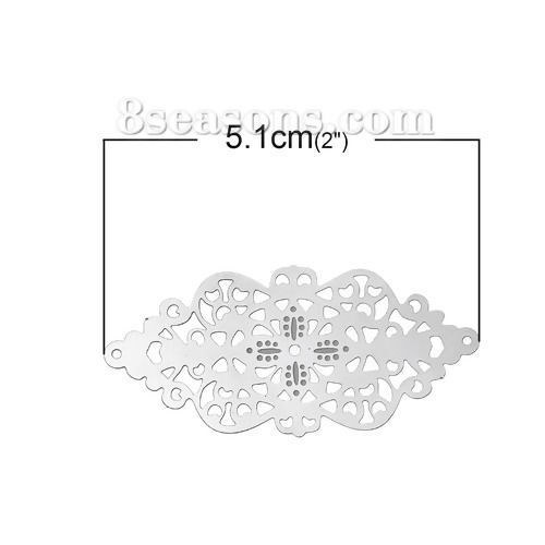 Imagen de Conectores Filigrana Estampación 304 Acero Inoxidable de Bowknot Tono de Plata Hueco Patrón 51mm x 24mm, 20 Unidades