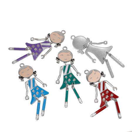 Zinc Based Alloy Doll Pendants Girl Silver Tone Flower Carved At Random Mixed Enamel 61mm(2 3/8") x 25mm(1"), 3 PCs