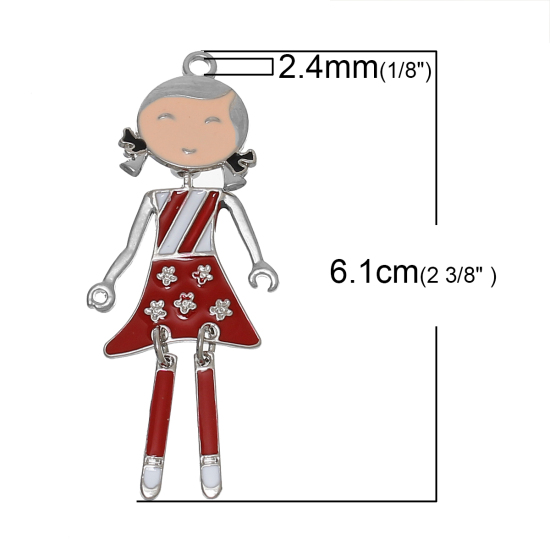 Bild von Zinklegierung Charm Anhänger Mädchen Silberfarbe Zufällig Mix Streifen Emaille 6.1cm x 2.5mm, 3 Stücke