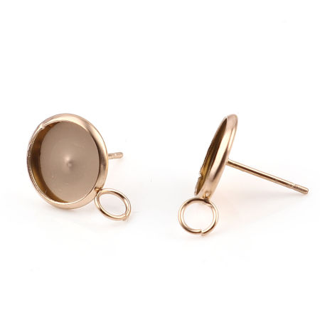 Picture of 6 PCs Stainless Steel Cabochon Settings Ear Post Stud Earring With Loop Connector Accessories Round Rose Gold (Fits 10mm Dia.) 17mm x 12mm, Post/ Wire Size: 0.7mm(21 gauge)