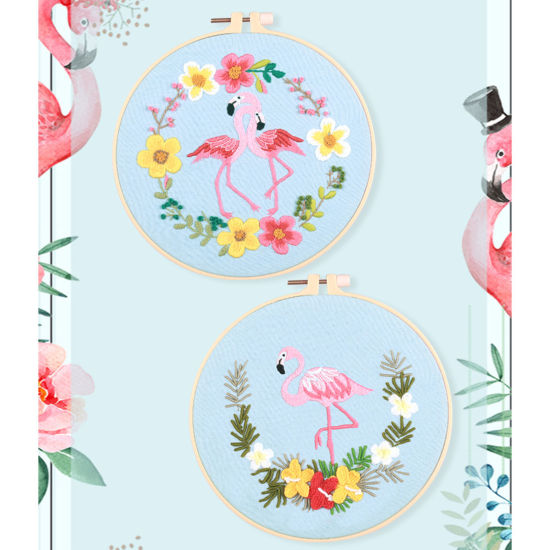 Image de DIY Sac de Broderie Fait à la Main en Coton & Lin Flamants Multicolore Feuilles de Fleur 30cm x 30cm, 1 Kit