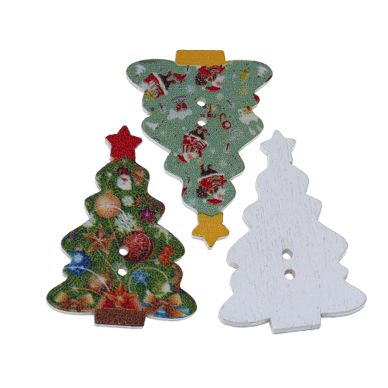 Picture of Wood Sewing Buttons Scrapbooking Christmas Tree At Random Mixed 2 Holes 35mm(1 3/8") x 25mm(1"), 50 PCs