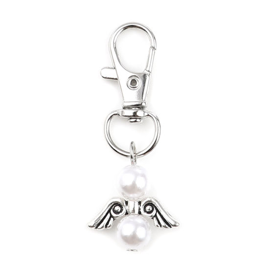 Picture of Keychain & Keyring Silver Tone White Round Wing Pearlized 53mm, 5 PCs