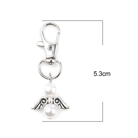 Picture of Keychain & Keyring Silver Tone White Round Wing Pearlized 53mm, 5 PCs