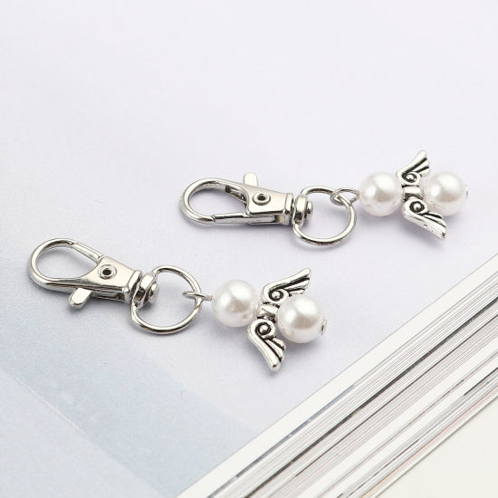 Picture of Keychain & Keyring Silver Tone White Round Wing Pearlized 53mm, 5 PCs