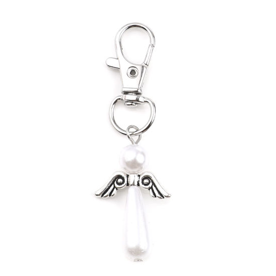 Picture of Keychain & Keyring Silver Tone White Drop Wing Pearlized 65mm, 5 PCs