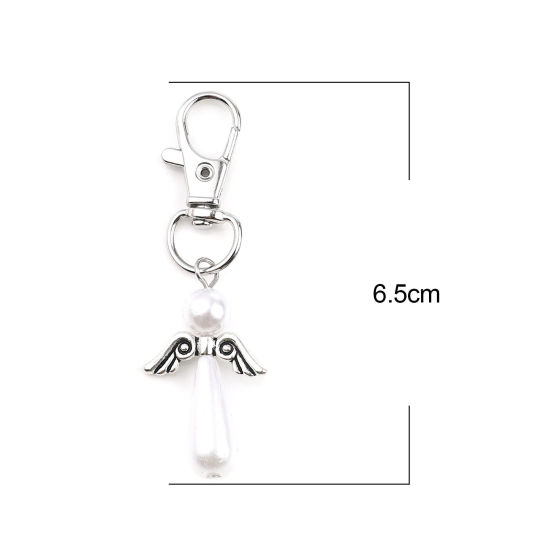 Picture of Keychain & Keyring Silver Tone White Drop Wing Pearlized 65mm, 5 PCs