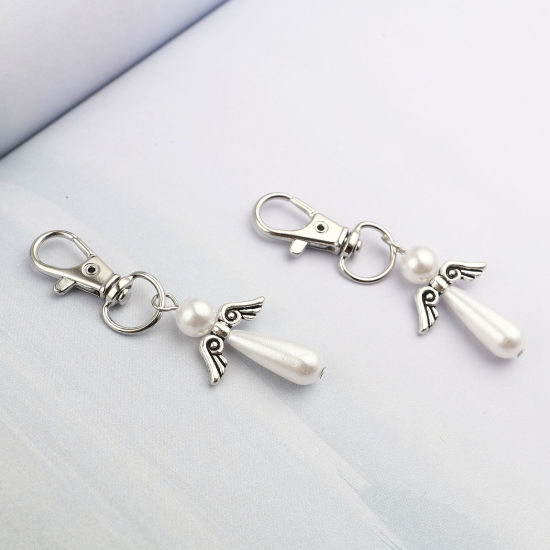 Picture of Keychain & Keyring Silver Tone White Drop Wing Pearlized 65mm, 5 PCs